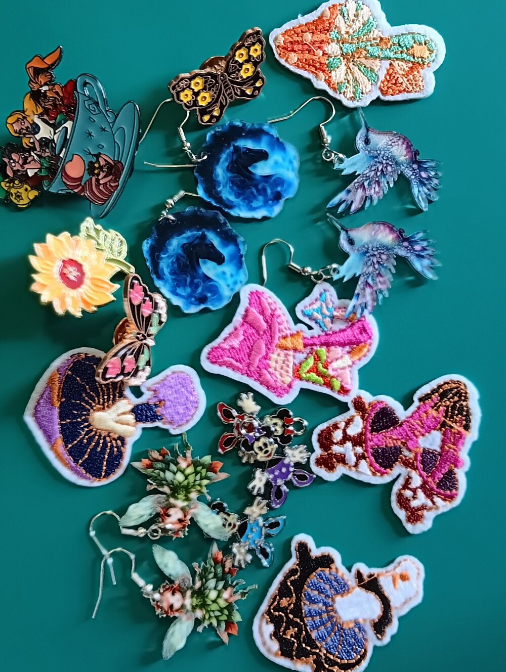 Girly Fairy Bundle Of Earrings Patches & Pins, Unused, Mushroom, Flower, Whimsy